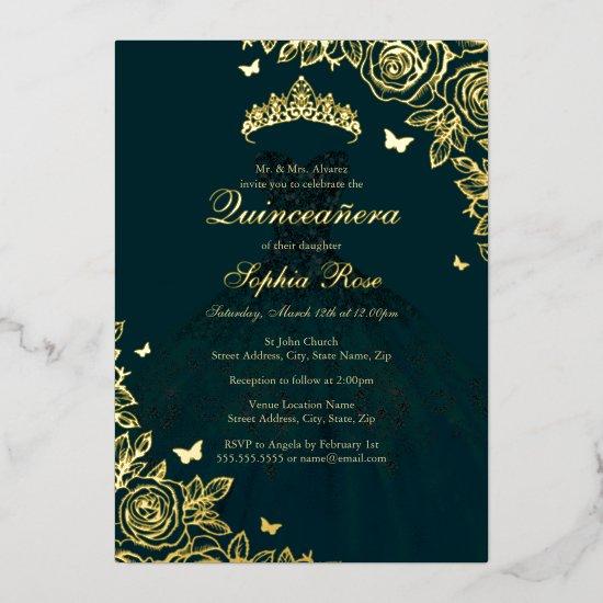 Emerald Gold Rose Dress Quinceanera Foil