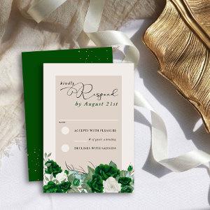 Emerald Green and Ivory Rose Elegant Floral RSVP Card