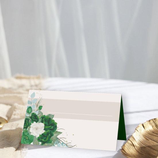 Emerald Green and Ivory Roses with Name Panel Place Card