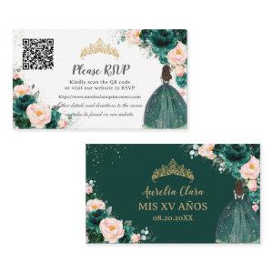 Emerald Green Blush Floral Quinceañera QR Code Enclosure Card