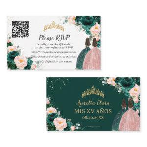 Emerald Green Blush Floral Twins Quinceañera QR Enclosure Card