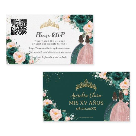 Emerald Green Blush Floral Twins Quinceañera QR Enclosure Card