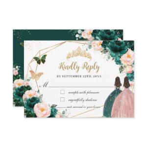 Emerald Green Blush Floral Twins Quinceañera Reply RSVP Card
