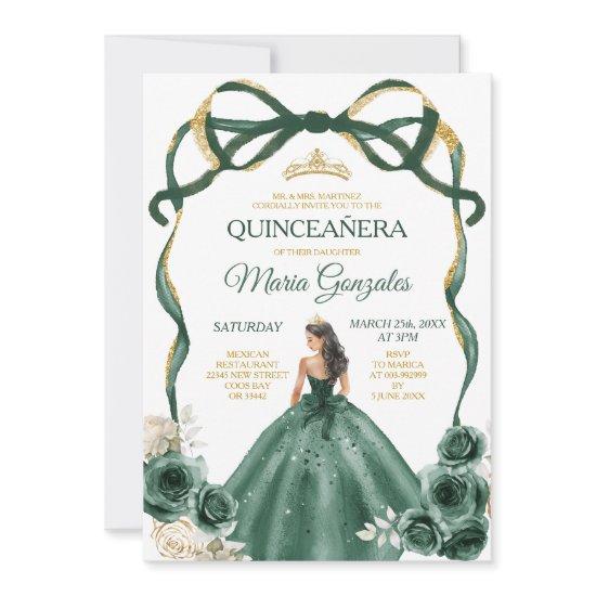 Emerald Green Bow Princess Gold Crown Quinceañera