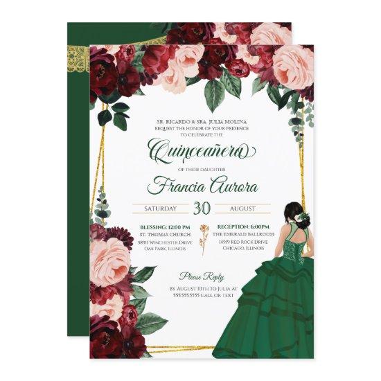 Emerald Green & Burgundy Pink Floral Quinceanera