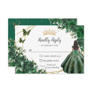 Emerald Green Butterflies Princess Quinceañera RSVP Card