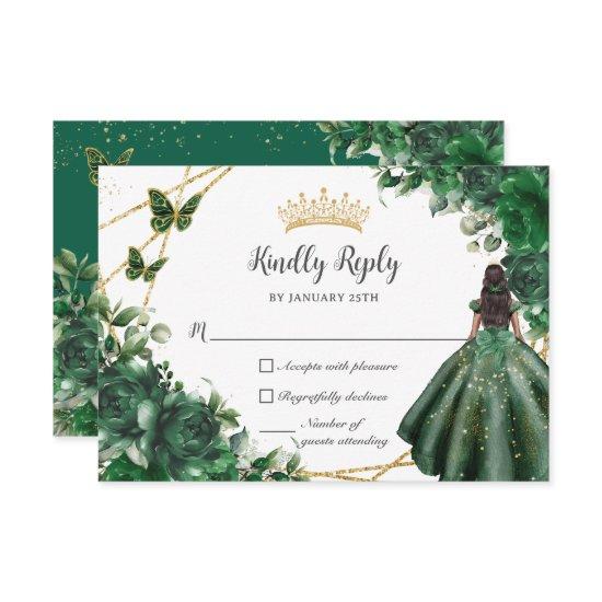 Emerald Green Butterflies Princess Quinceañera RSVP Card