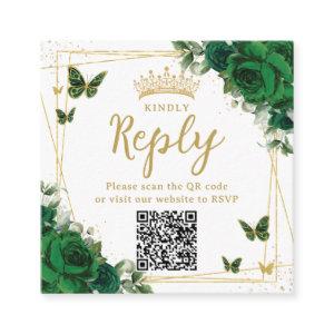 Emerald Green Butterflies Quinceanera RSVP QR Code Enclosure Card