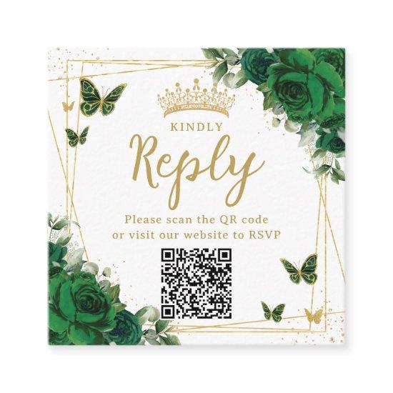 Emerald Green Butterflies Quinceanera RSVP QR Code Enclosure Card