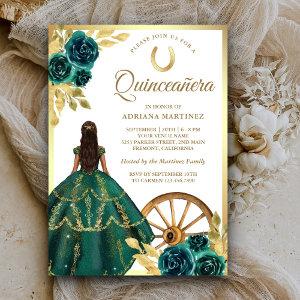 Emerald Green Charro Floral Dress Gold Quinceanera