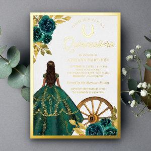 Emerald Green Charro Floral Dress Quinceanera Gold Foil