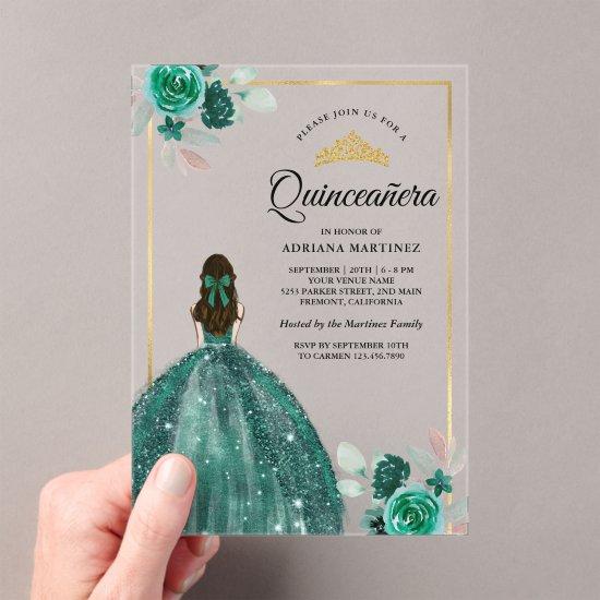 Emerald Green Dress Floral Gold Quinceanera Acrylic