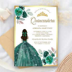 Emerald Green Dress Floral Gold Quinceanera
