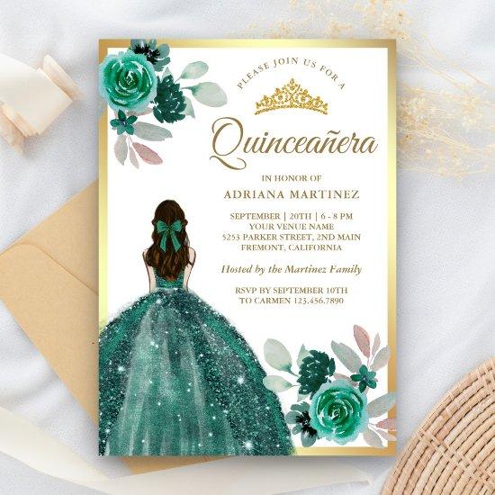 Emerald Green Dress Floral Gold Quinceanera