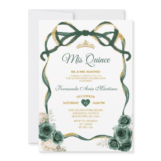 Emerald Green Floral Bow Ribbon Gold Mis Quince