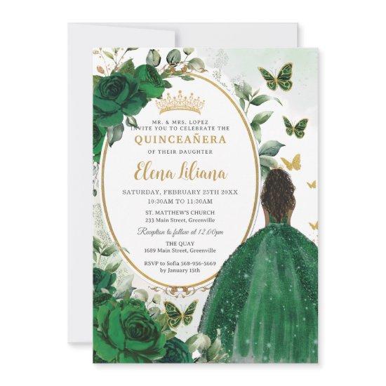 Emerald Green Floral Brown Princess Quinceañera