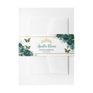 Emerald Green Floral Butterflies Gold Quinceanera  Belly Band