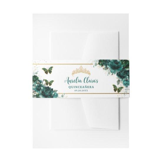 Emerald Green Floral Butterflies Gold Quinceanera  Belly Band