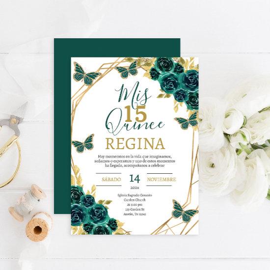 Emerald Green Floral Butterflies Quinceañera