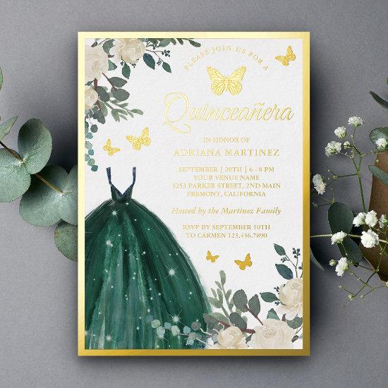 Emerald Green Floral Butterfly Quinceanera Gold Foil