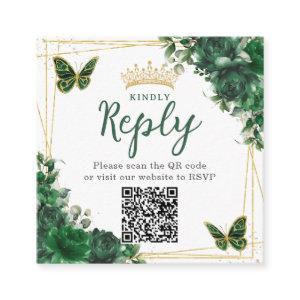 Emerald Green Floral Butterfly Quinceanera QR Code Enclosure Card