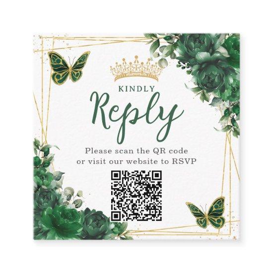 Emerald Green Floral Butterfly Quinceanera QR Code Enclosure Card