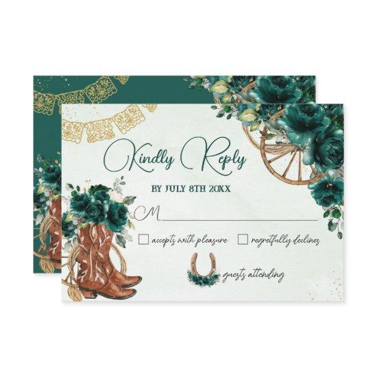 Emerald Green Floral Charro West Quinceañera Reply RSVP Card