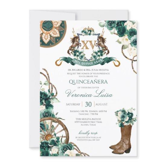 Emerald Green Floral Crest Charro Quinceanera Invi