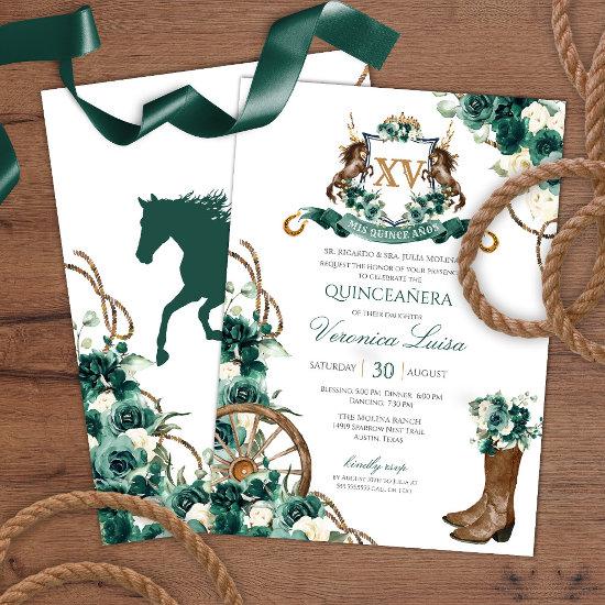 Emerald Green Floral Crest Charro Quinceanera