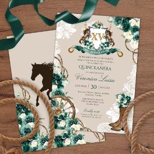 Emerald Green Floral Crest Charro Quinceanera v3