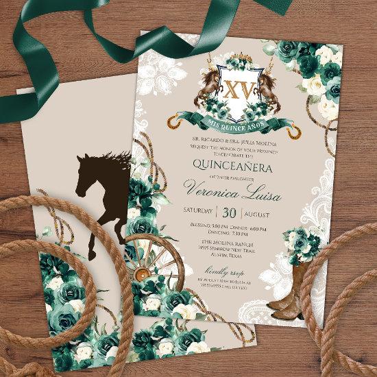Emerald Green Floral Crest Charro Quinceanera v3