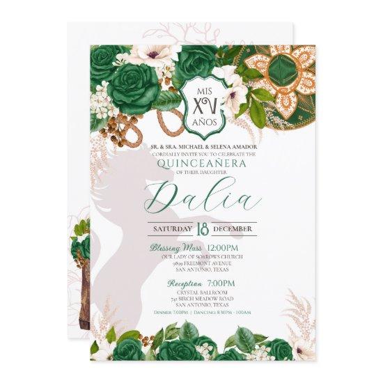 Emerald Green Floral Crest Rose Charro Quinceañera