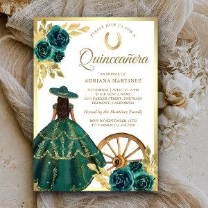 Emerald Green Floral Dress Charro Gold Quinceanera