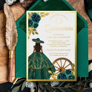 Emerald Green Floral Dress Charro Quinceanera Gold Foil