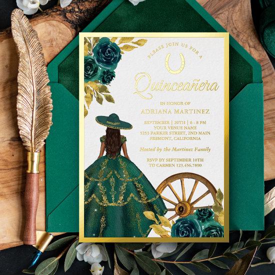 Emerald Green Floral Dress Charro Quinceanera Gold Foil