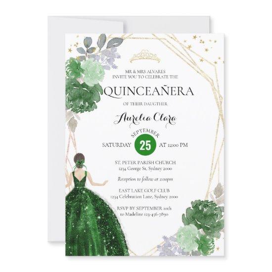 Emerald Green Floral Geometric Photo Quinceañera