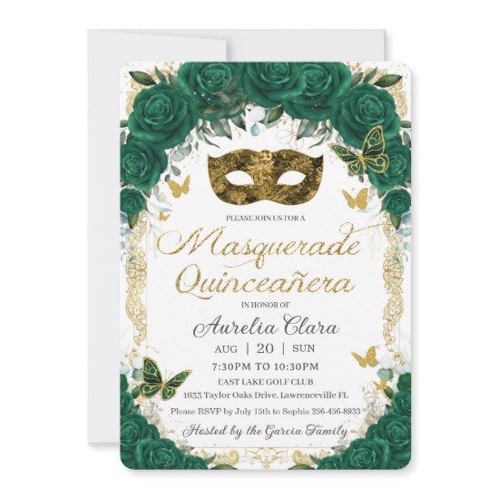 Emerald Green Floral Gold Masquerade Quinceañera