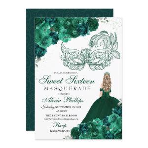 Emerald Green Floral Masquerade Sweet 16 Invitatio