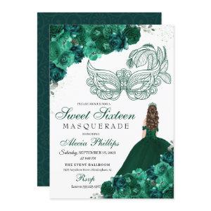 Emerald Green Floral Masquerade Sweet 16 Invitatio