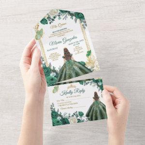 Emerald Green Floral Princess Gold Quinceañera All In One