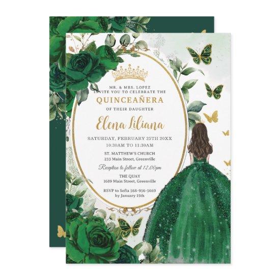 Emerald Green Floral Princess Gold Quinceañera