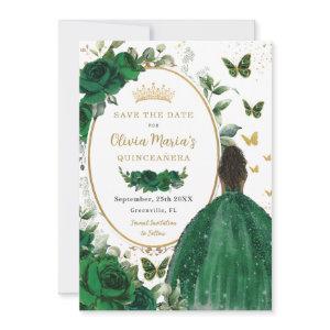 Emerald Green Floral Princess Gold Quinceañera Save The Date