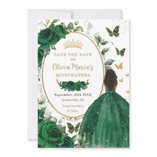 Emerald Green Floral Princess Gold Quinceañera Save The Date