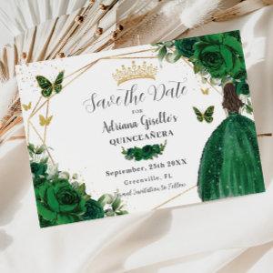 Emerald Green Floral Princess Gold Quinceañera Save The Date