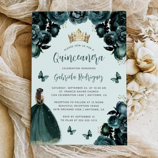 Emerald Green Floral Princess Quinceañera
