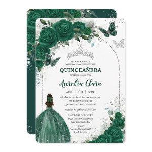 Emerald Green Floral Princess Silver Quinceañera