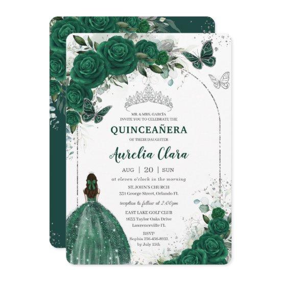 Emerald Green Floral Princess Silver Quinceañera