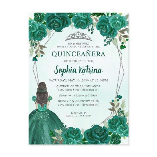 Emerald Green Floral Princess Tiara Quinceañera In Postcard