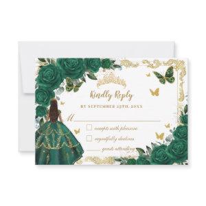 Emerald Green Floral Quinceañera Brown Princess RSVP Card