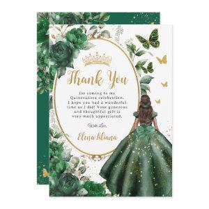 Emerald Green Floral Quinceañera Brown Princess  Thank You Card
